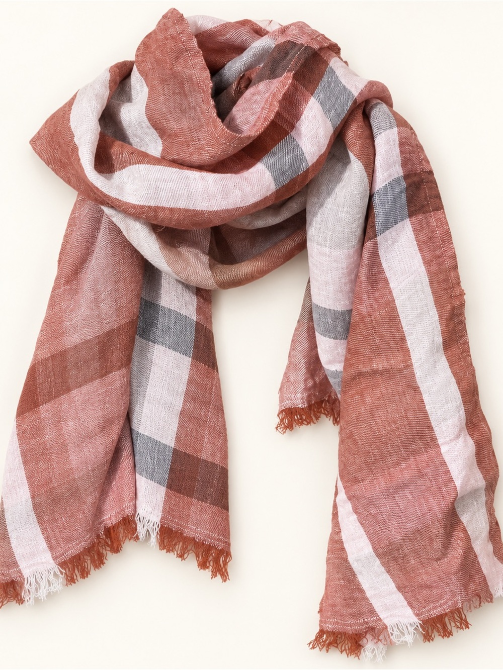 Flax 100% Linen Rust Plaid Scarf with White and Gray Stripes